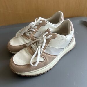 White and Tan Retro-Style Sneakers with Suede and Mesh